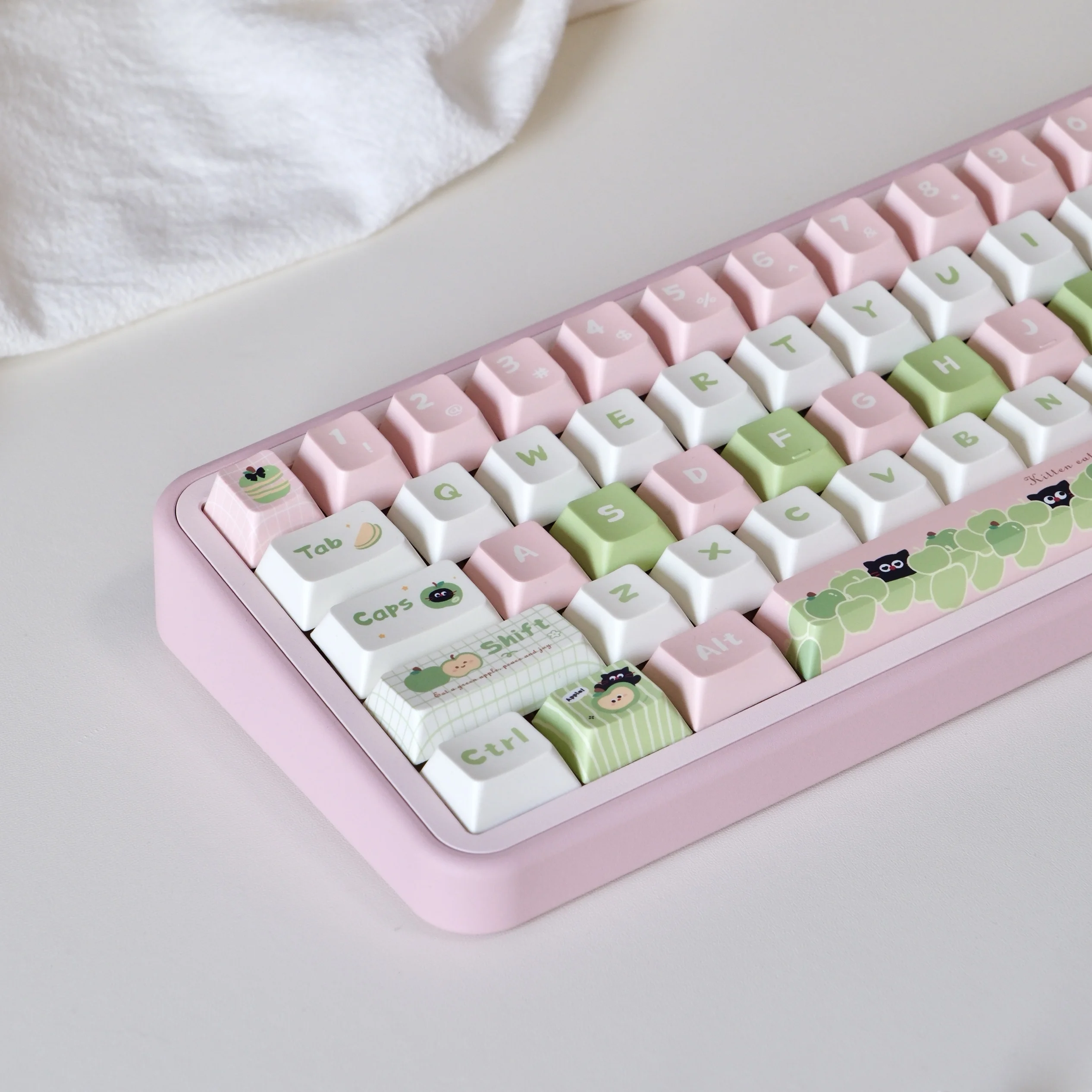 Apple Cat Cute Keycaps 129Keys Pink White Green Moa Cherry Pbt Keycaps Thermal Sublimation 2 Space Bar Additional Key Keycaps