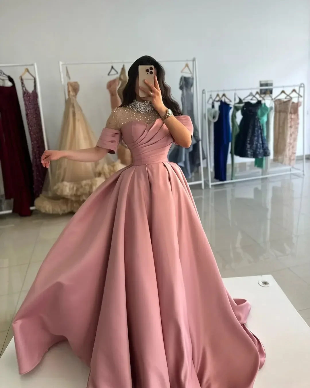 Customized Pink High Neck Beading Evening Dresses Short Sleeves Prom Dresses Pleated Long Party Dresses vestidos de novia