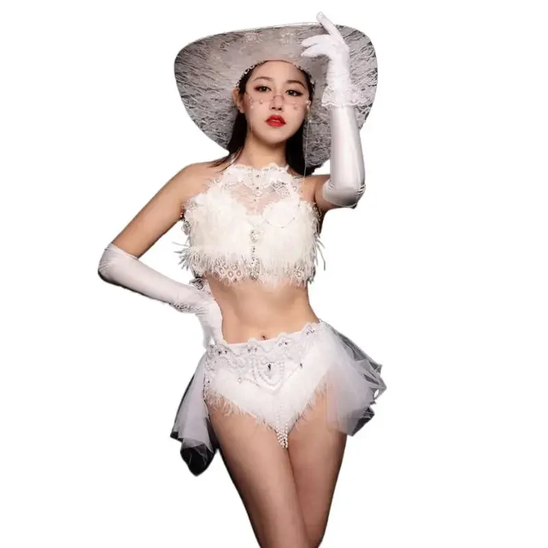 Bar Klub Nocny DJ Tancerz Tańcze na Rurze Kostium Białe Pióra Dżety LED Bikini Zestaw Impreza Klubowa Rave Pokaz Występ Ubrania