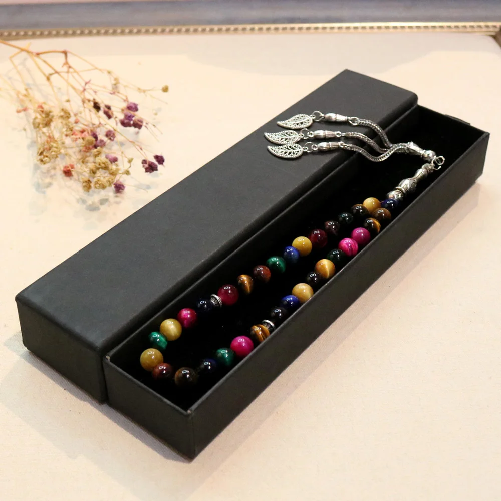 33 Tesbih Natural tiger-eye stone Prayer Beads Silver Tasbaha 33 Tasbih Muslim Fashion jewelry Rosary beads Gift box packaging