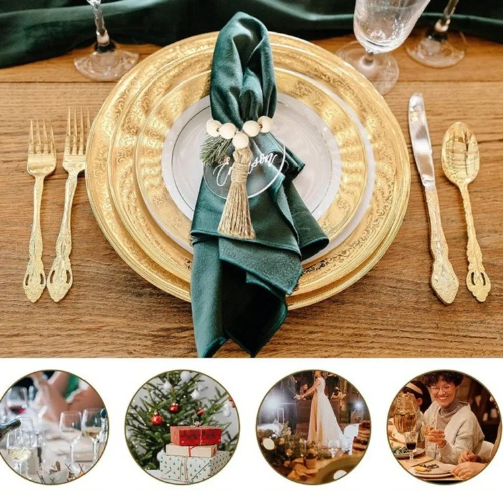 6 pieces Farmhouse Style Wooden Bead Napkin Rings Handmade with Tassel Napkin Holder Adjustable Napkin Buckle Home Decoration