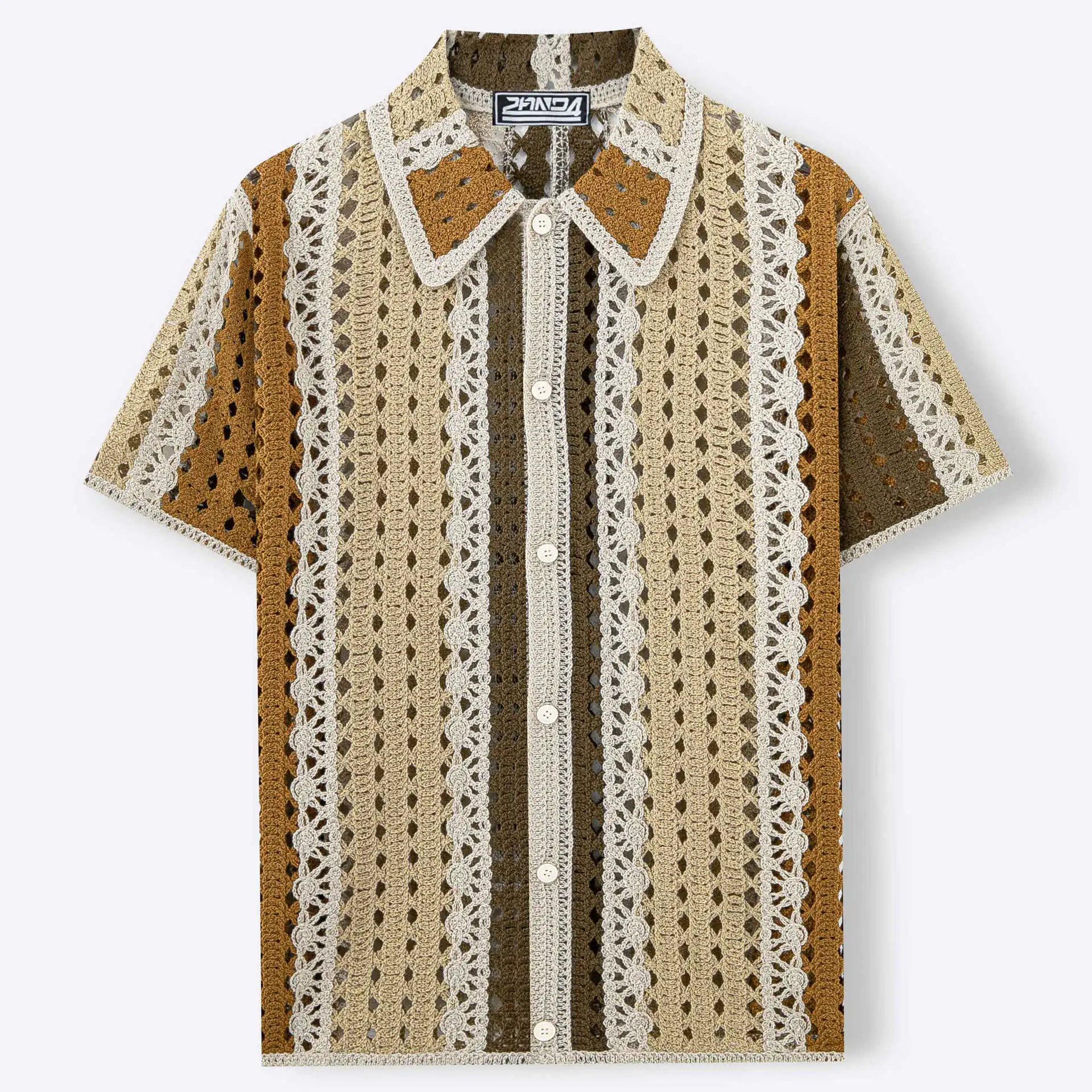Men's American Retro Color Block Hollow Out Knit Polo Cardigan European Style Striped Crochet Short Sleeve Knit Shirt Summer