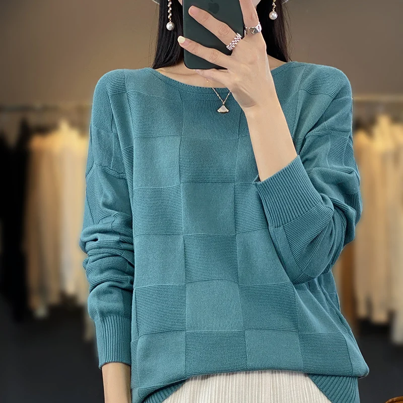 

Autumn Winter New Women Cotton Soft Sweater Round Collar Square Pattern Pullover Loose Fashion Knitwear Casual Base Top