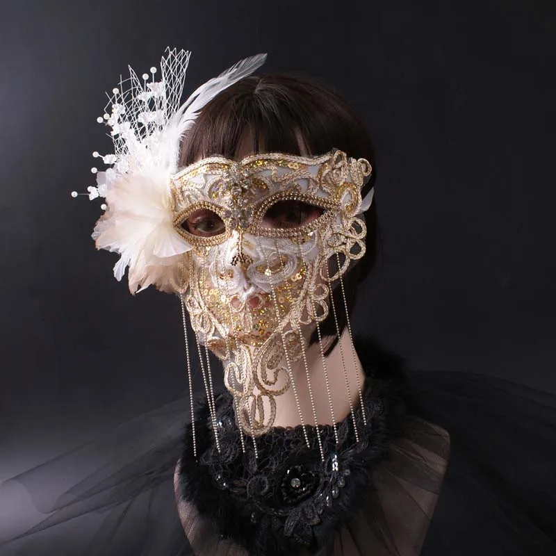 Vollgesichts-Bühnenmaske aus goldener Spitze für das Live-Streaming von Halloween-Party-Performance-Maske für Erwachsene