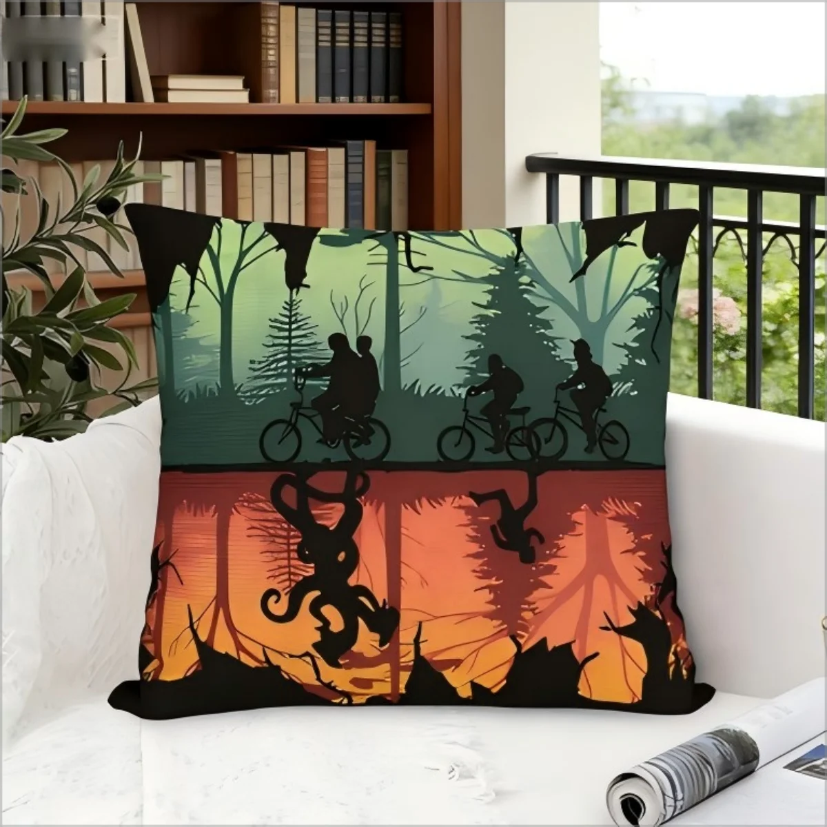 Horror Sci-Fi Inspired Pillow Cover - Upside down Forest Scene Bike Cushion Case for Living Room Home Decor
