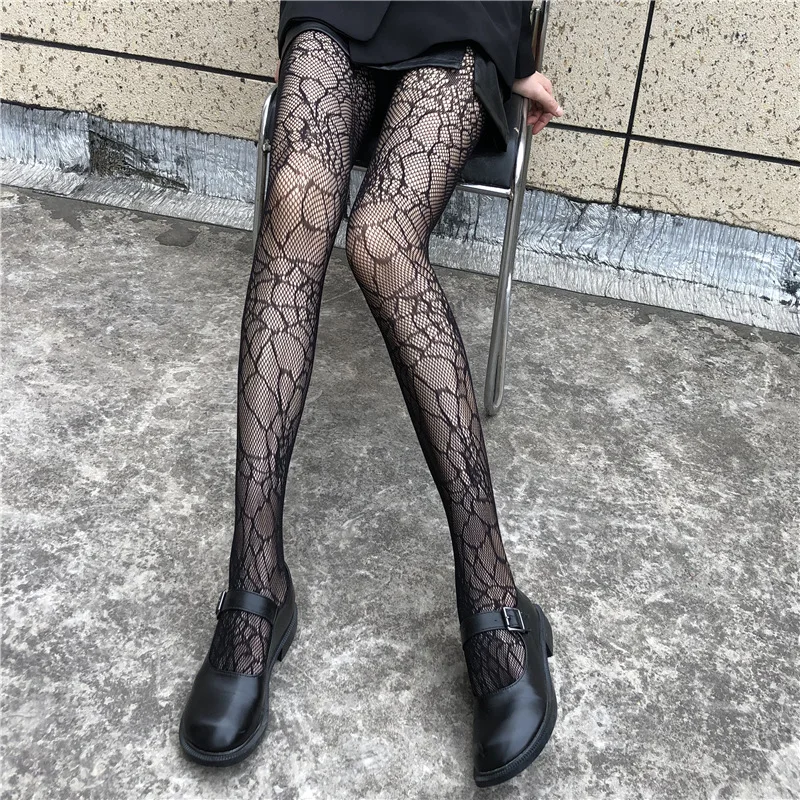Gothic Damen Lolita Leggings mit Lochmuster, Retro Mädchen Strümpfe, Japanische Spitzenstrumpfhose mit Blumenmuster, Schwarze Strumpfhose – Detail 6