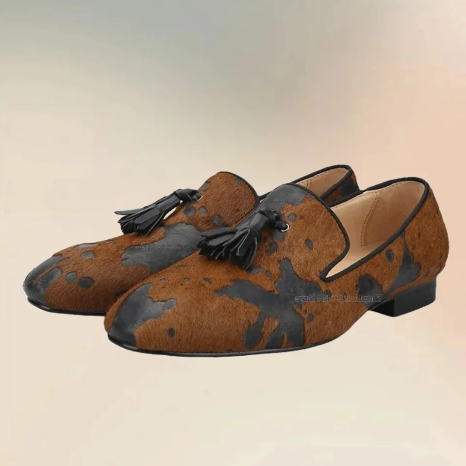 

Black Leather Tassels Decor Brown Retro Loafers Fashion Slip On Men Casual Shoes Novel Handcraft Party Banquet Men Dress Shoes