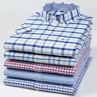 2024 100% Pure Cotton Men's Oxford Short Sleeve Square Collar Soild Plaid Striped Summer Casual Shirts Single Pocket  Shirt