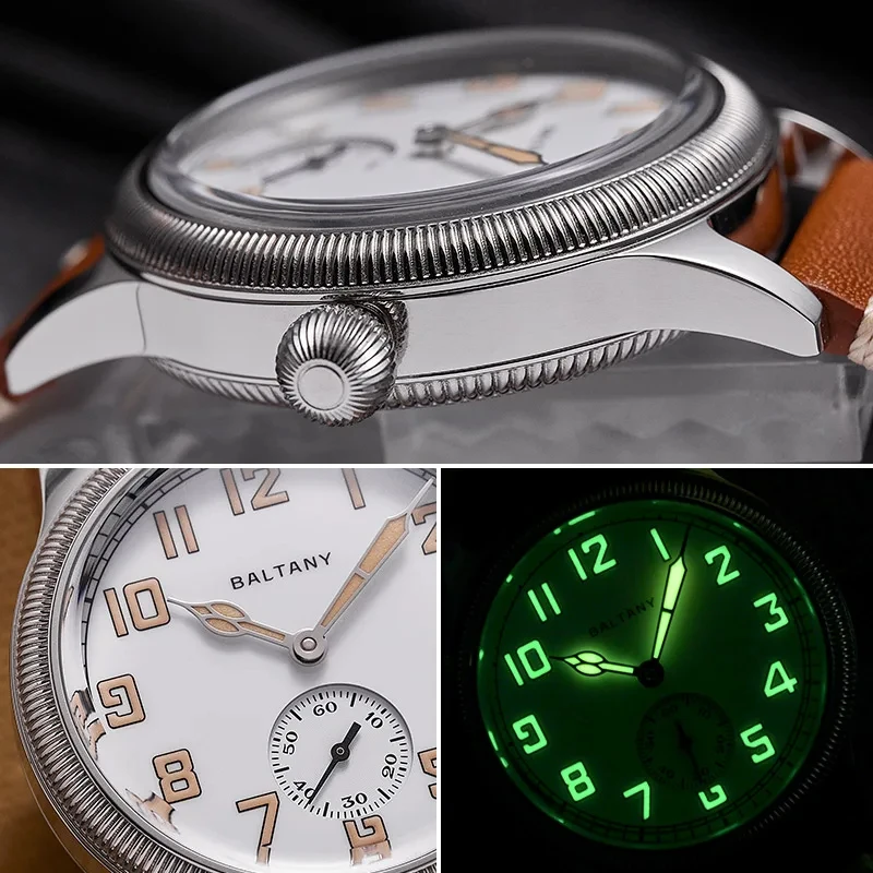 Baltany s2051 ww1 militar trench relógio branco esmalte dial retro st1701 homenagem campo automático pulseira de couro safira relógios masculino