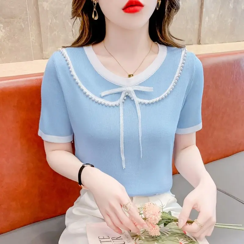 Fashion O-Neck Spliced Bow Beading T-Shirts Women\'s Clothing 2024 Summer New Loose Knitted Korean Tops Office Lady Tee Shirt