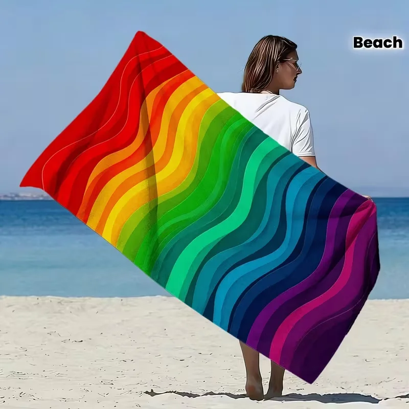 Rainbow Striped Oversized Soft Beach Towel with Wave Ultra-fine Fiber Bath Towel Fast Drying and Super Absorbent Beach Towels