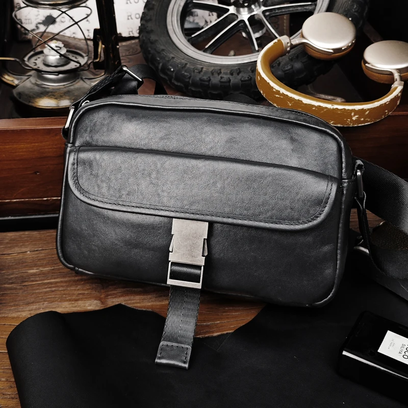 

Solid Color Leather Crossbody Bag Men's Leather Leisure Shoulder Bag Cowhide Multiple Compartments Zipper Small Collapse Bag
