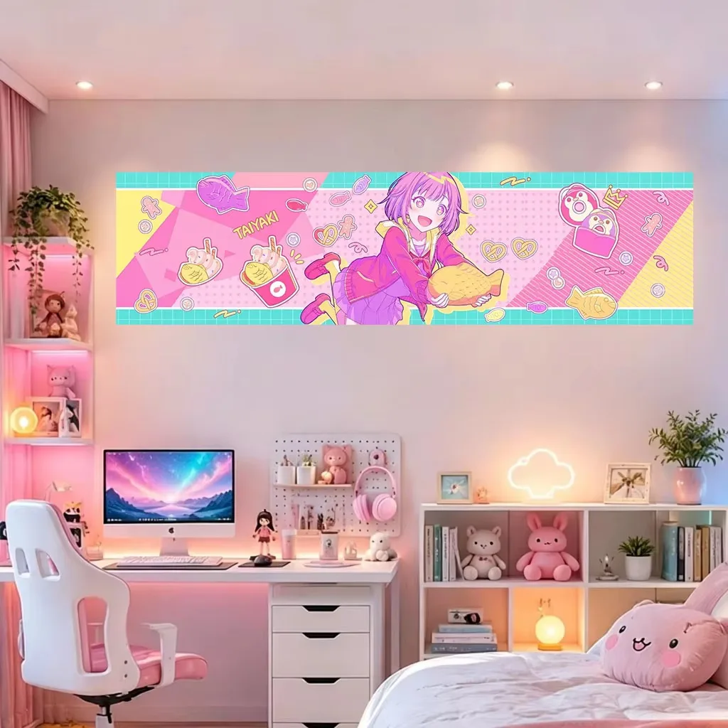 Extra Long Horizontal Anime Girl Taiyaki Snack Tapestry, Wide Polyester Wall Hanging for Bedroom Headboard Wall Decor