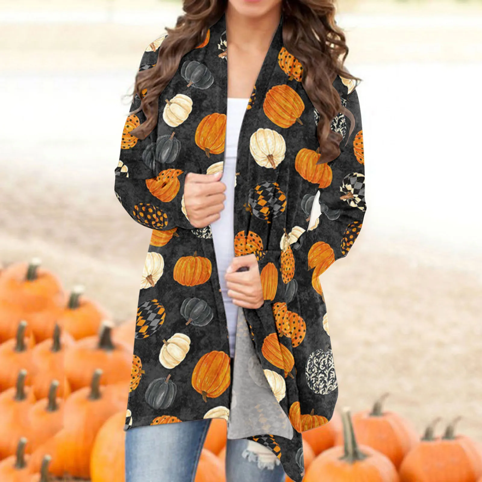 Pumpkin Print Halloween Themed Cardigan Scarf Collar Long Sleeved Autumn Coat Women Loose Fit Casual Funny Open Front Jacket