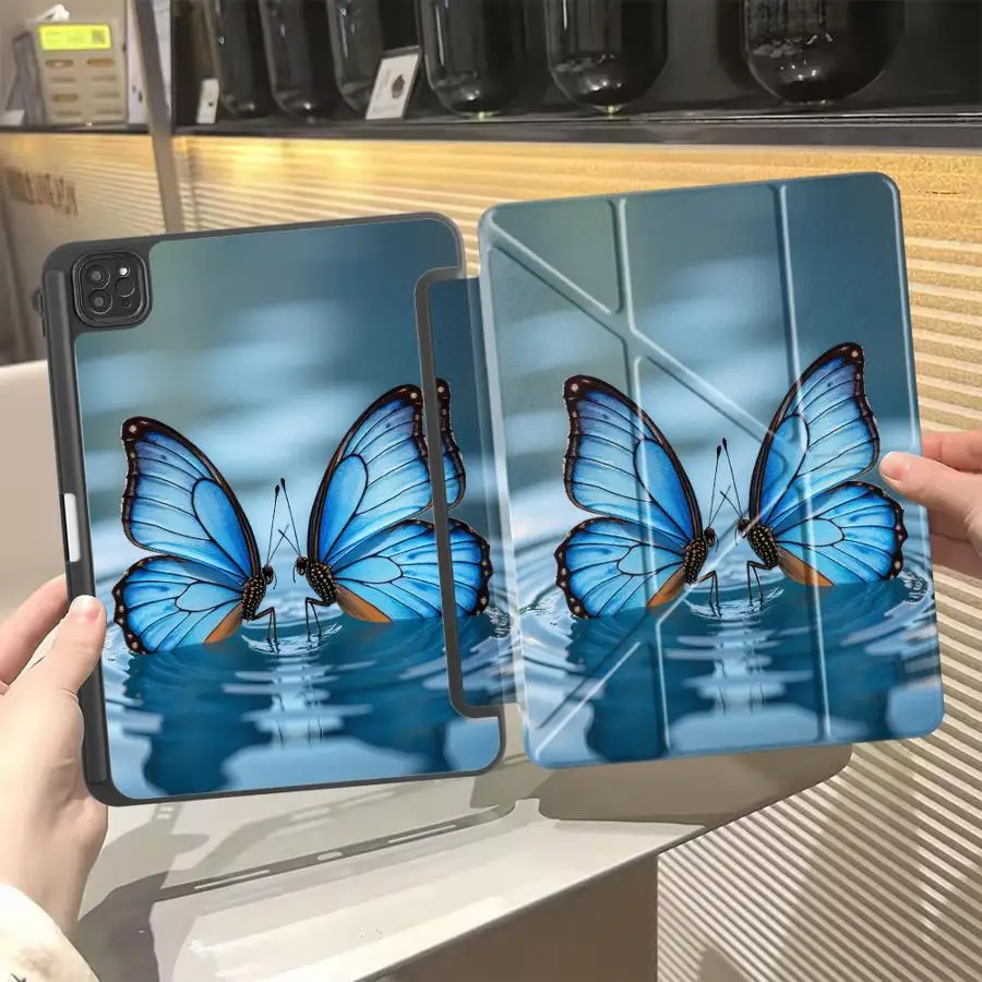 

Чехол-подставка с синими бабочками и цветочным узором для iPad Air M2 1 2 M4 Pro 10th 7th 11th 9th 8th Air 2025 4 5 M3 Mini 7 6