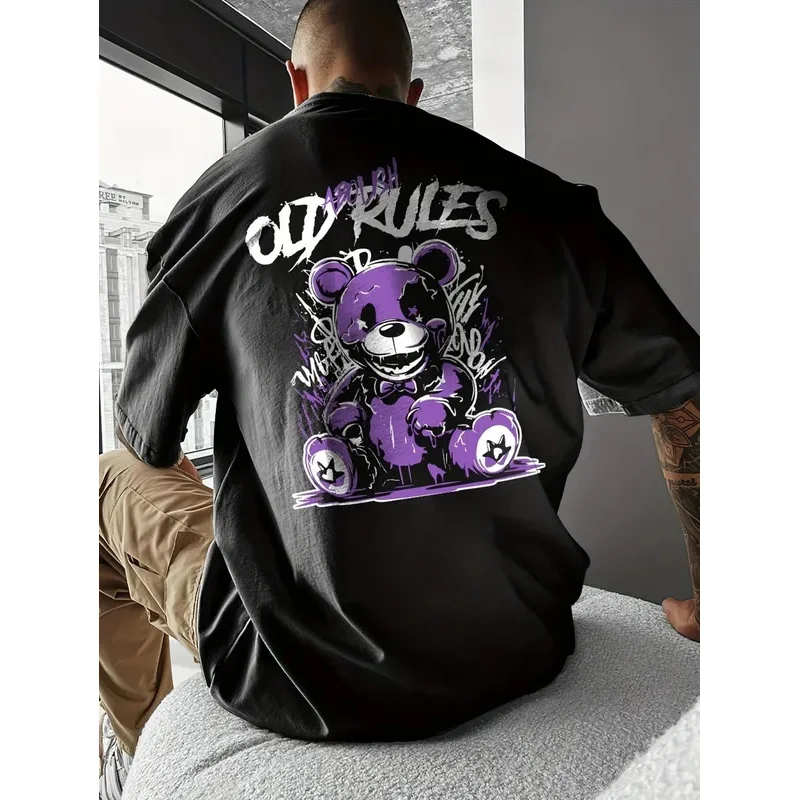 Summer new men's cute Teddy bear graffiti print breathable neck T-shirt, outdoor urban fashion street top