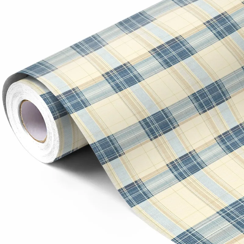 Elegant Blue & Beige Plaid Gift Wrap Roll, Classic Checkered Design For Christmas, Birthday, Wedding & Holiday Gift Wrapping