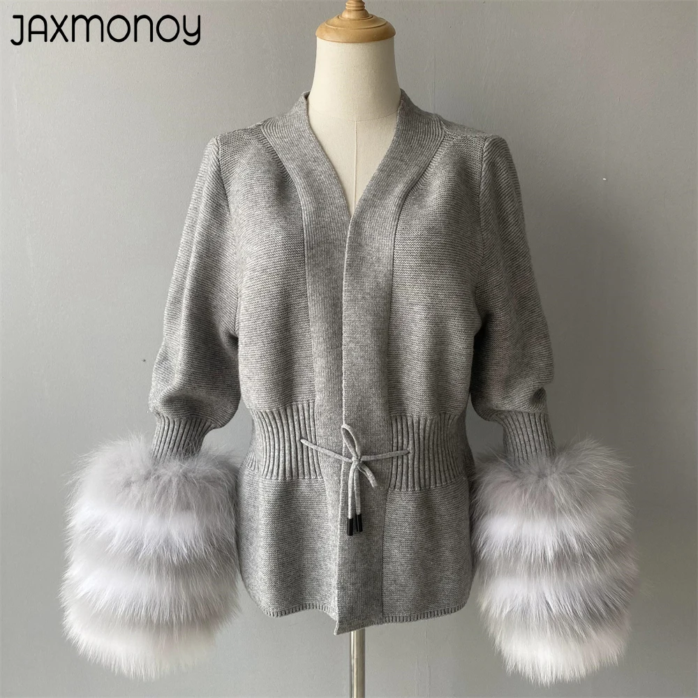 Jaxmonoy Cashmere Cardigan With Real Fox Fur Cuffs Ladies Spring Full Sleeves Belt Slim Knitted Sweater Coat Autumn Outerwear