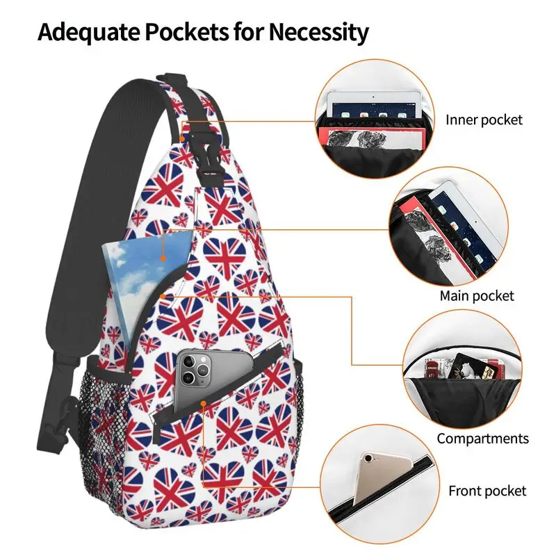 Serce torba ze sznurkiem flaga brytyjska mody męskiej United Kingdom UK dumny plecak torba Crossbody na klatkę piersiową na ramię plecak rowerowy Camping Daypack