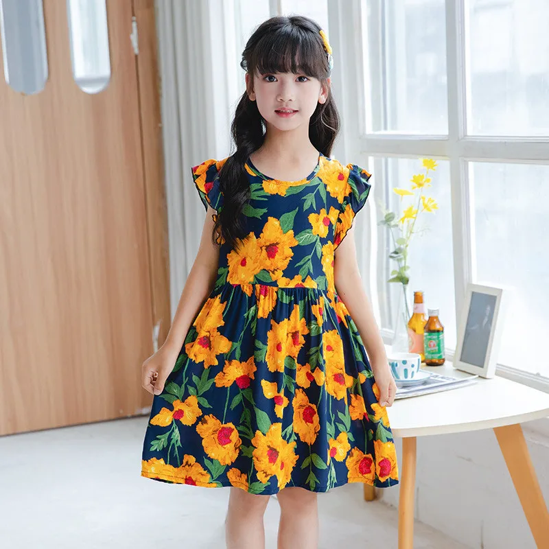 Vestido Manga Pétala Respirável para Meninas, Vestido de Uma Peça, Vestido Casual, Estampado De Flores Bonitinho, Verão, Novo, Tamanho 100-170