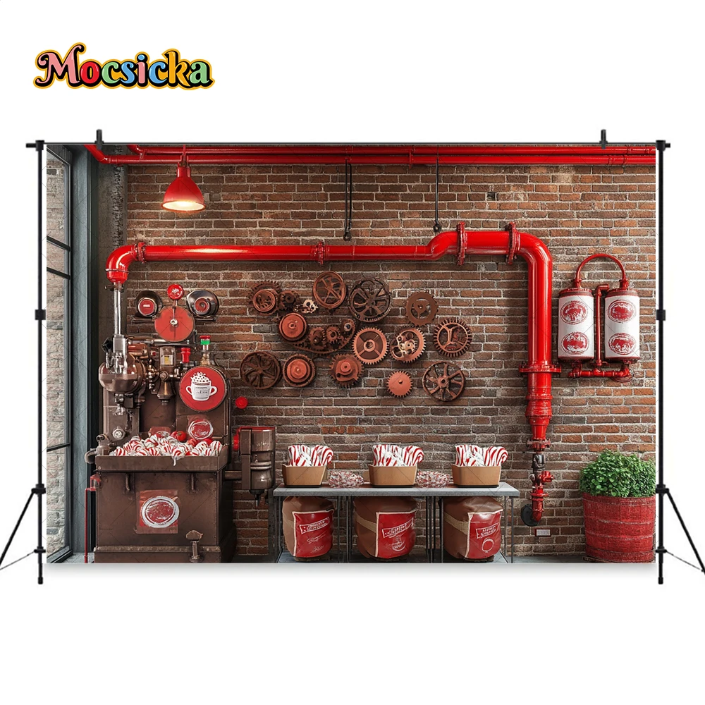 Retro Christmas Candy Factory Background Photography Santa Claus Workshop Red Brick Wall Backdrop Xmas Portrait Studio Decor