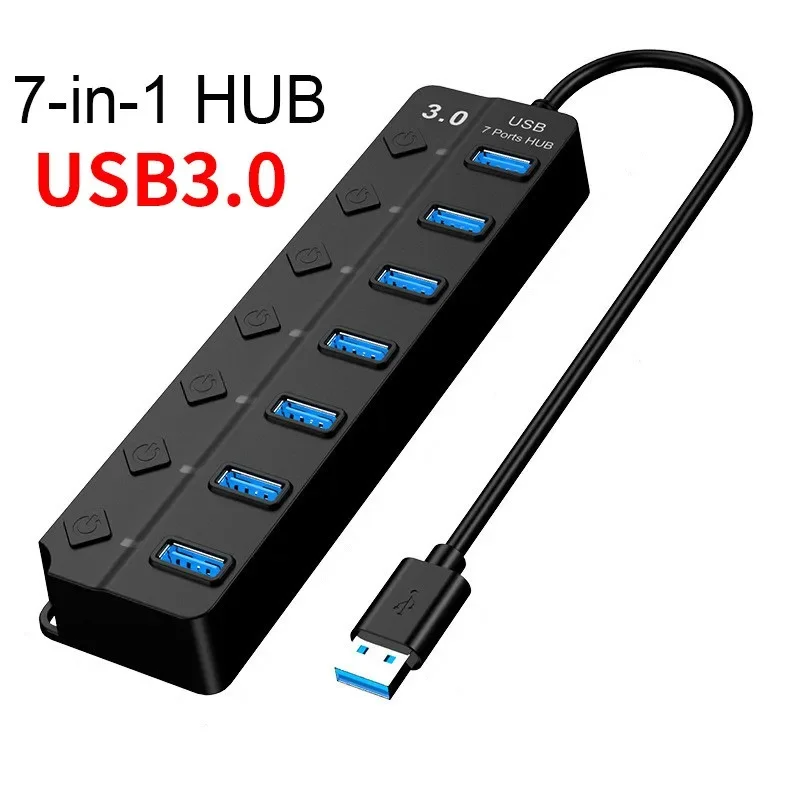 Divisor USB Multi-Hub, Doca Interruptor Independente, Desktop, Acessórios para Laptop, Cabo de 30cm, USB 3.0, 2.0, 7-em-1