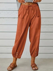 Women New Solid Color Loose Elastic Waist With Pockets Wide Leg All Match Straight Trousers Nine-Minute Pants