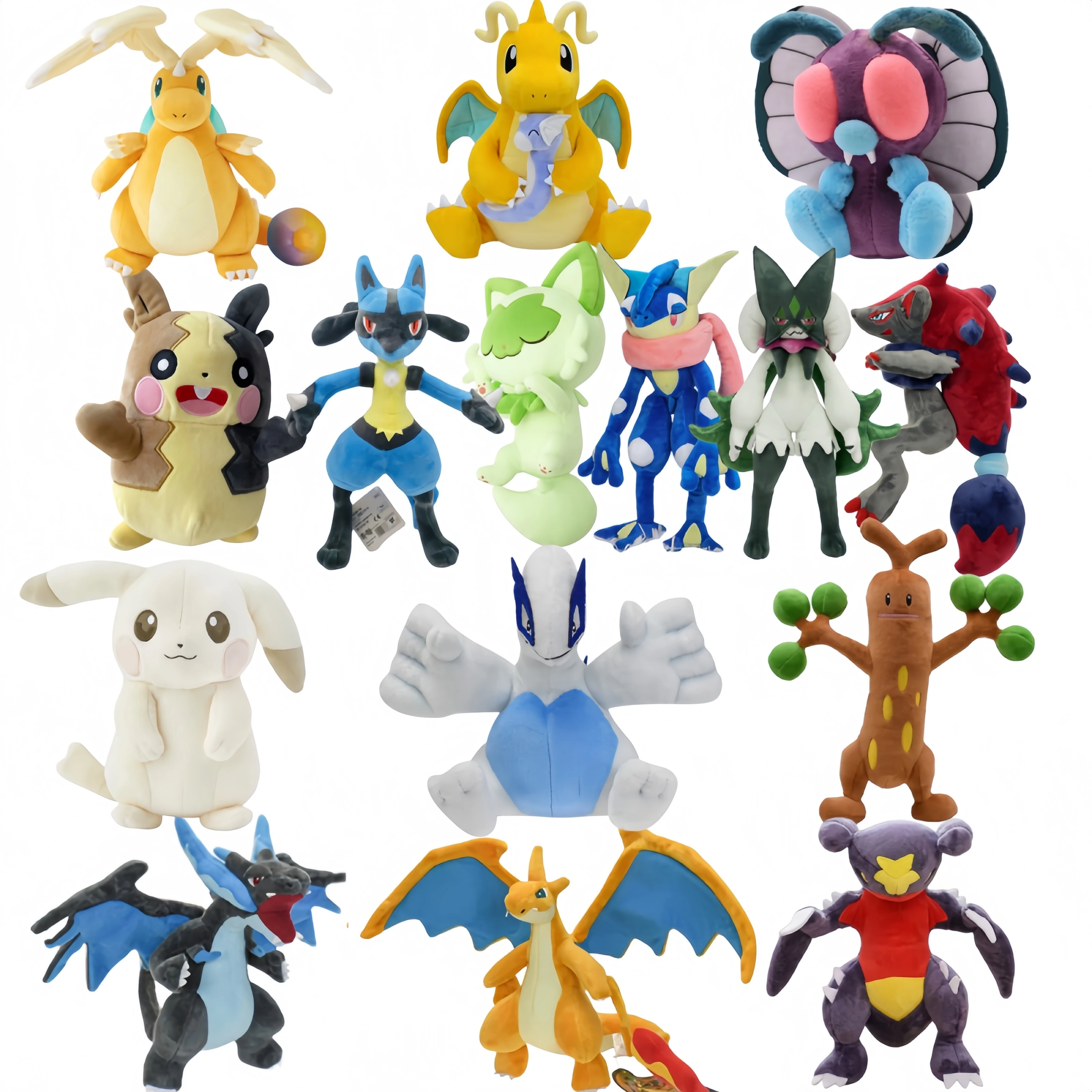 brinquedos-de-pelucia-pikachu-pokemon-lugia-dragonite-morpeko-charizard-sudowoodo-garchomp-espurr-greninja-sprigatito-butterfree