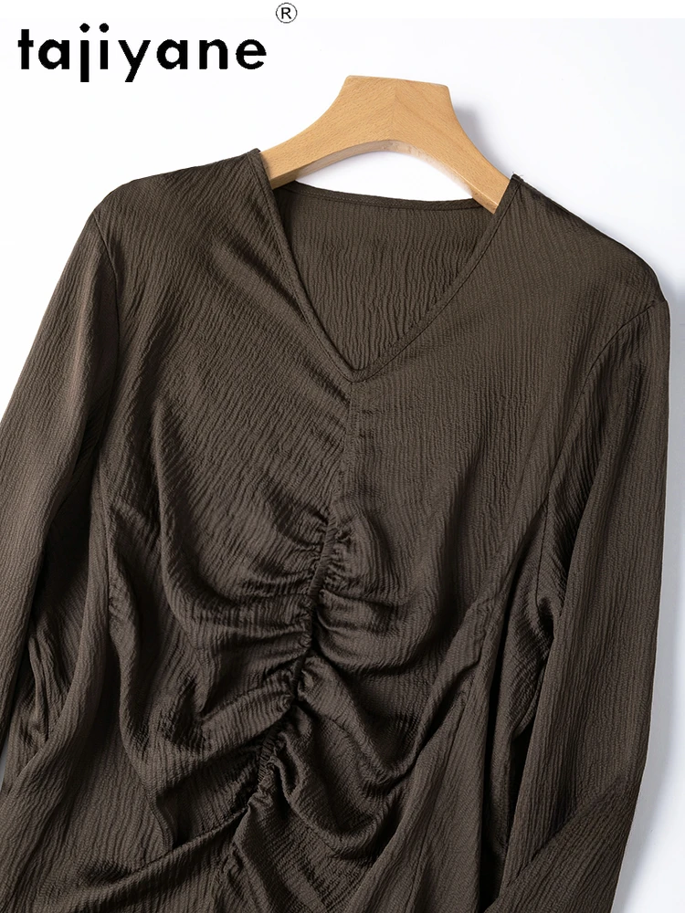 TAJIYANE 100% Natural Mulberry Silk Blouse Elegant V-neck Tops for Woman Long Sleeve Top 2025 Womens Clothes Blusas Para Mujer