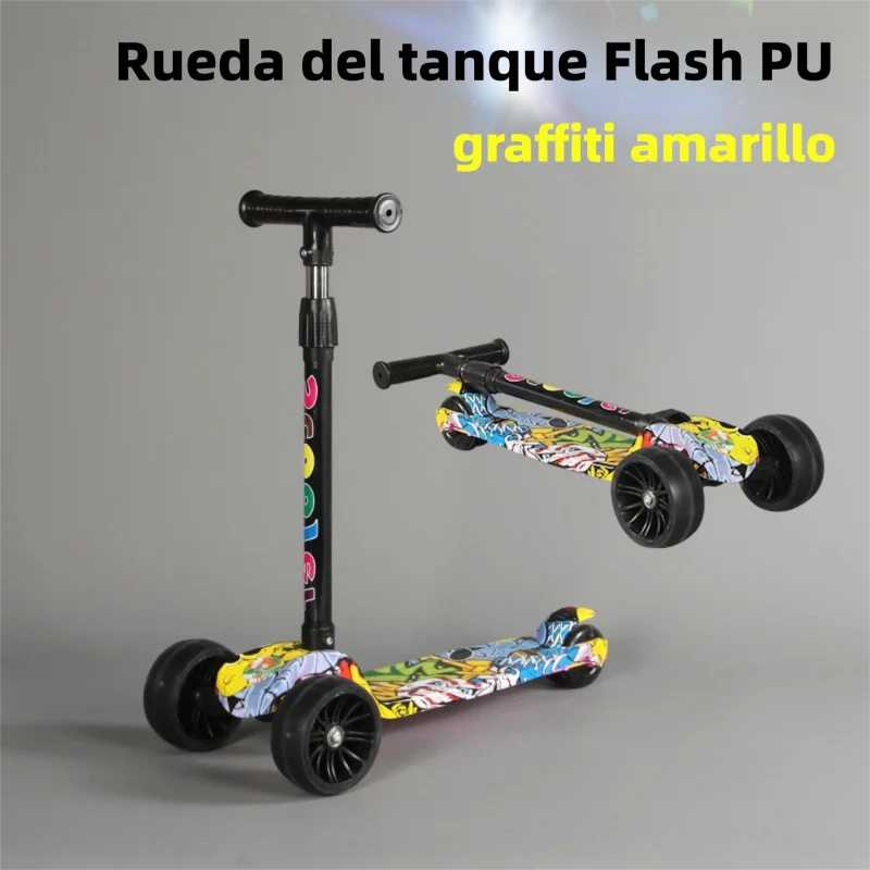 سكوتر للأطفال بتصميم جرافيتي وعجلات، مع دواسة، بنقرة واحدة قابلة للطي ومحمولة