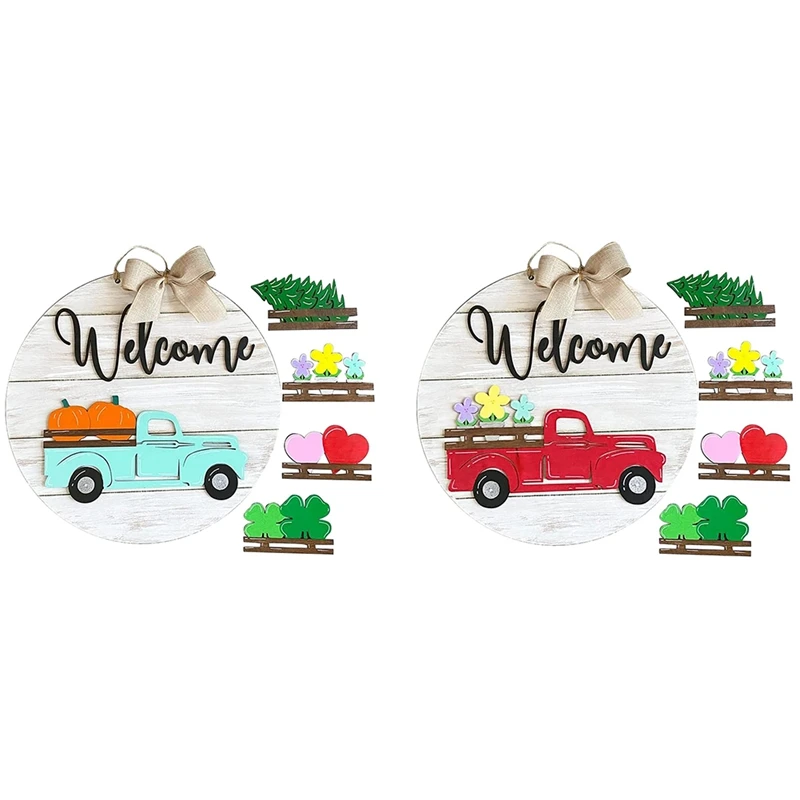 Retro Seasonal Welcome Sign,Interchangeable Front Door Welcome Sign Wreath,Truck-Shaped Farmhouse Front Door Decor