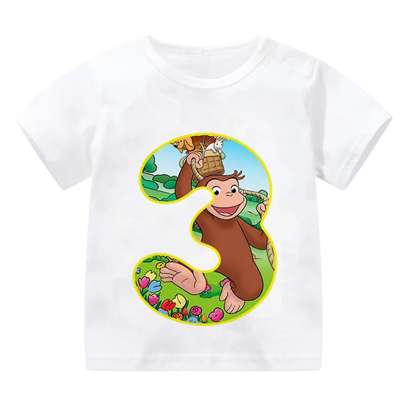 Summer Children Tshirt Curious George Monkey Print Boy Girl Clothing 1-9 Years Old Birthday Number Cartoon Cute Kid Baby Tee Top