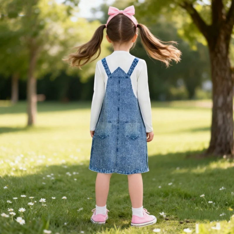 2025 New Style Girls' Sweet Bear Print - Imitation Denim Fake Two-Piece Dress - Suitable for Daily Wear or Outings