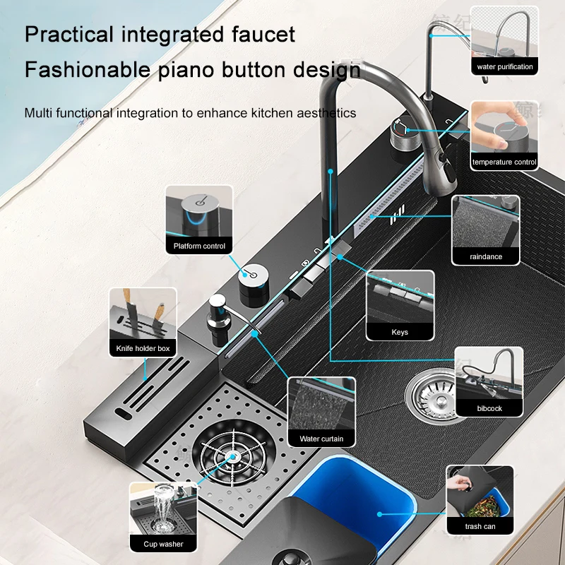 New Trend Black Smart Kitchen Nano Honeycomb Stainless Steel Sink with Waterfall Faucet for Hotel Undermount Kitchen