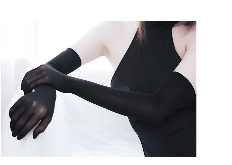 New Solid Color Long Tube Stockings Gloves Ultra-Thin Five Finger Seamless anti Hook Silk Long Transparent Etiquette Gloves Suns