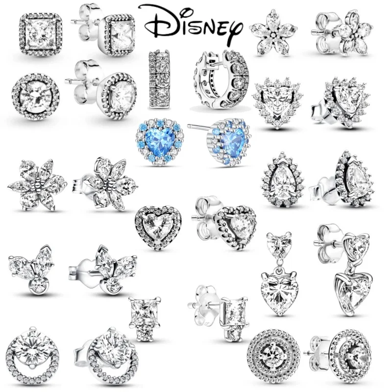 Disney New Heart-Shaped Zircon Earrings Fit Original Pandora Jewelry Women DIY Pendant Accessories 2024