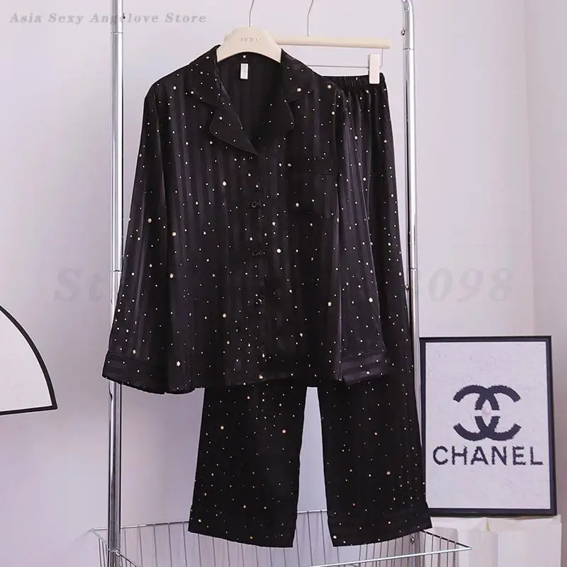 

Women Long Sleeve Pajamas Set Elegant Ice Silk Trouser Pijamas Suit Spring Autumn New Sleepwear Loose Home Clothes Loungewear