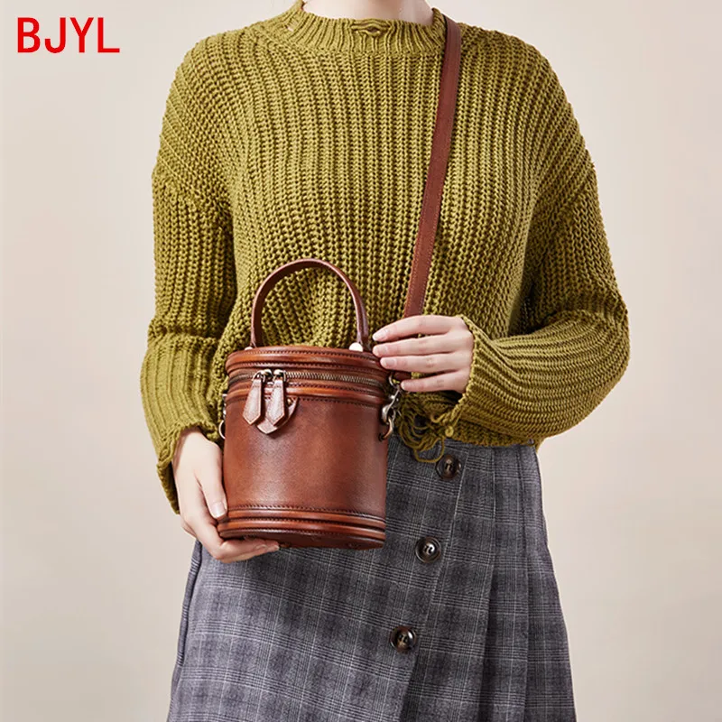 

2020 new leather literary Women bucket bag female retro handmade soft leather shoulder Messenger bags ladies small bags