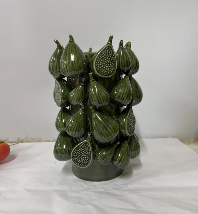 Pear Shape Fig Vase Ceramic Vase Green Gloss Glaze 3D Fruit Indoor Tabletop Flower Pot for Home Living Room Dining Decor