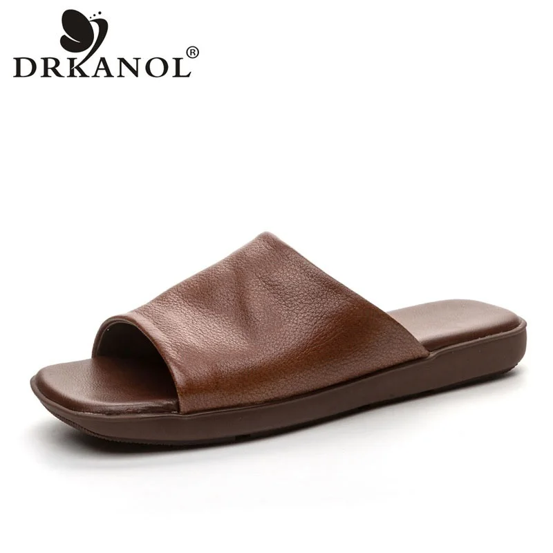 DRKANOL Women Genuine Leather Slippers Summer Open Toe Slip On Outside Casual Slides Soft Sole Retro Style Women Flat Slippers