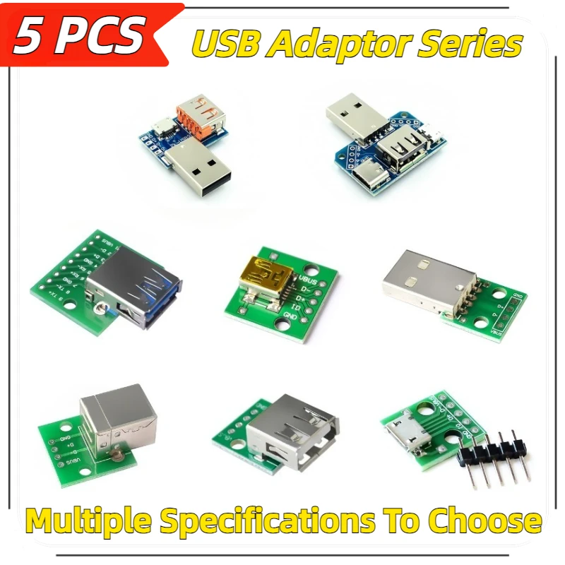 Mini USB A macho para USB 2.0, 3.0, Interface de conector B, 2.54mm DIP PCB Converter, Adaptador Breakout, 5pcs por lote