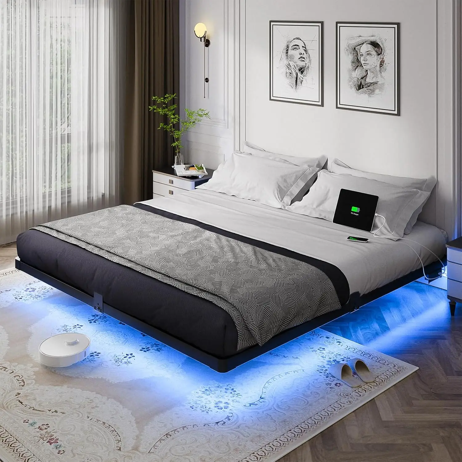

King Metal Floating Bed Frame LED Light USB Charging Station Noise-Free Easy Assembly No Box Spring, Customized