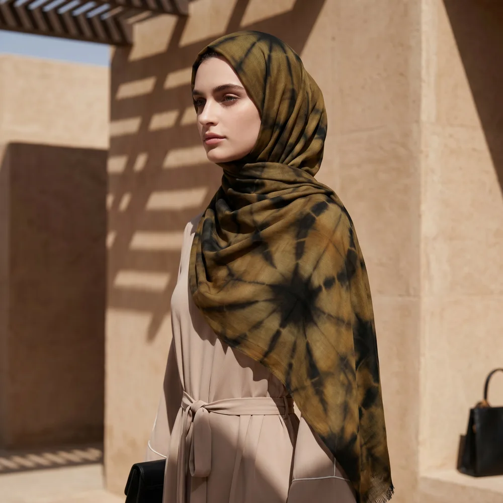 Fashion Dubai Arab Shawl Long Dusty Dye Geometric Pattern Fringes Muslim Hijab