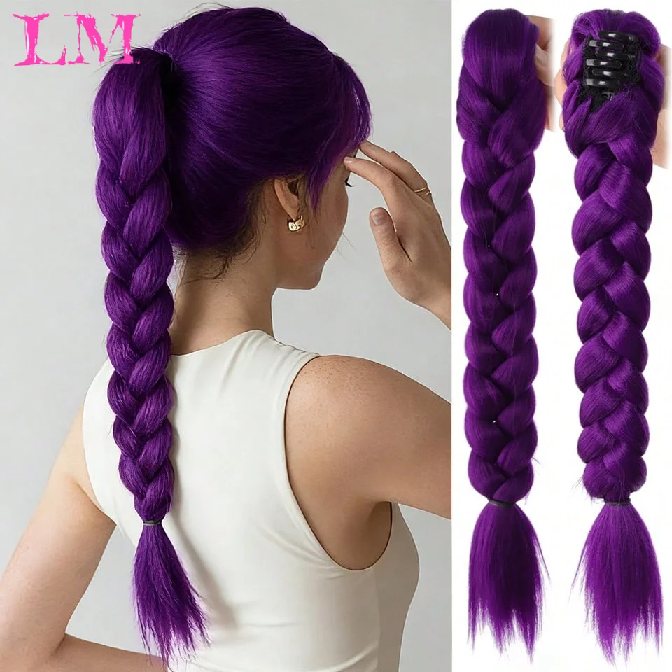 LM Synthetic Hair Long Braided Purple Hair Ponytail Extensions Rumi Hairstyle Claw Clip Hair Wig for Kids for Chritmas