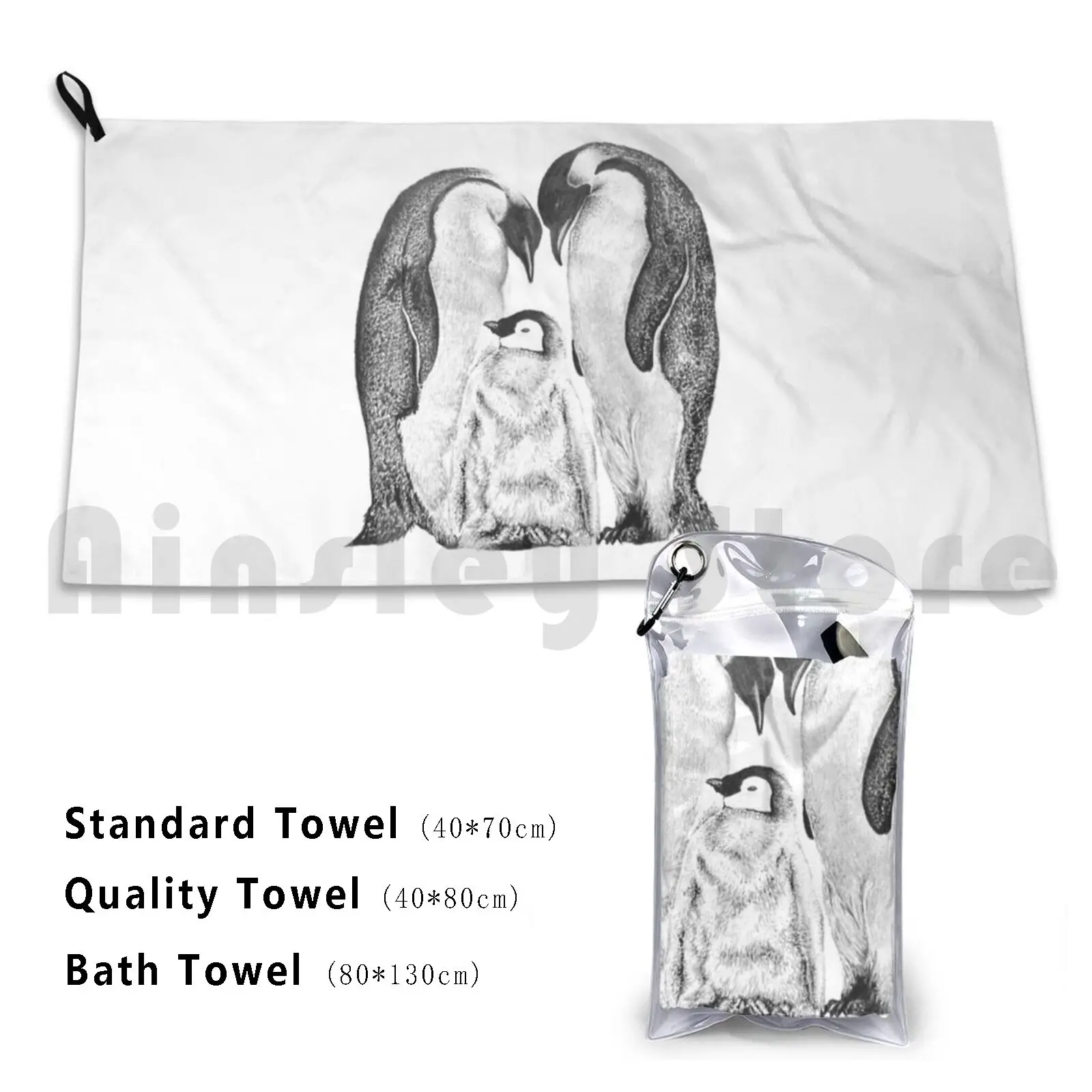 Family Of Penguins Pencil Graphite Drawing Custom Towel Bath Towel Penguins Pencil Animal Black White