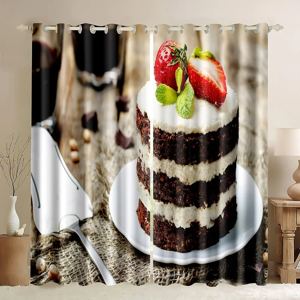 Food Theme Window Blackout Curtains,Delicious Strawberry Cake,Coffee Cake Fruit Pattern Rod Pocket Curtains for Living Room