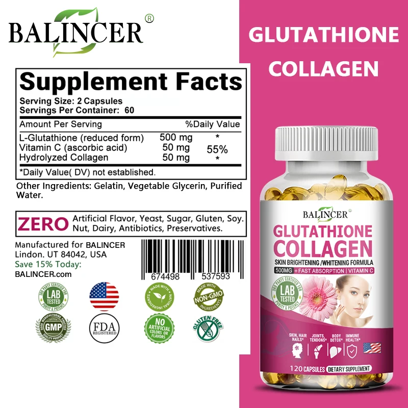 Glutathione Supplements - Collagen Booster Antioxidant Support Liver Detoxification Skin Whitening and Brightening