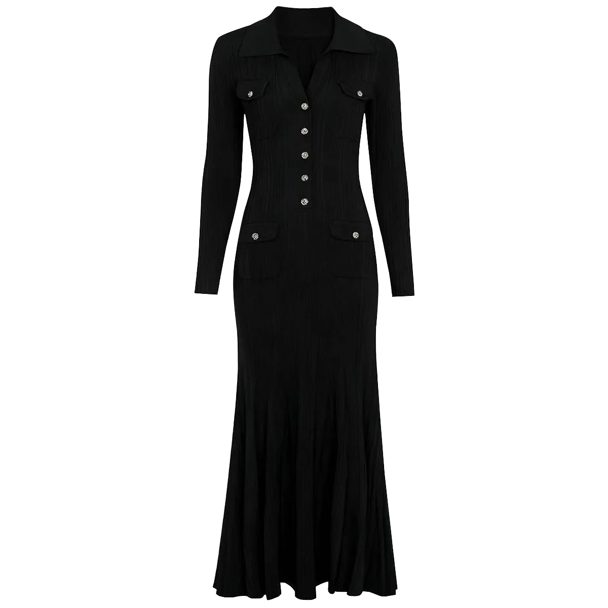 

High End Spring And Autumn New Women's Fashion Commuter Pearl Buckle Knitted Collar Slimming Fish Tail Long Sleeve Dress