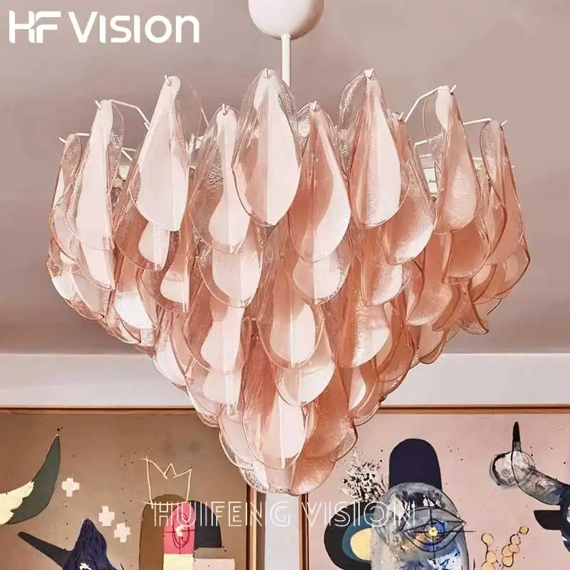 

Large Hanging Pendant Light Fixture with Pink Green Petal Glass Chandelier for Bedroom Kitchen Living Room Ceiling Mount Luxury