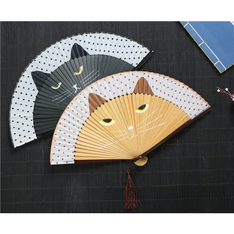 

Funny Cartoon Cat Silk Japan Style Hand Fans Lovely Cat Fan Handheld Folding Women Fans Dance Props DIY Home Decor Ornament Gift